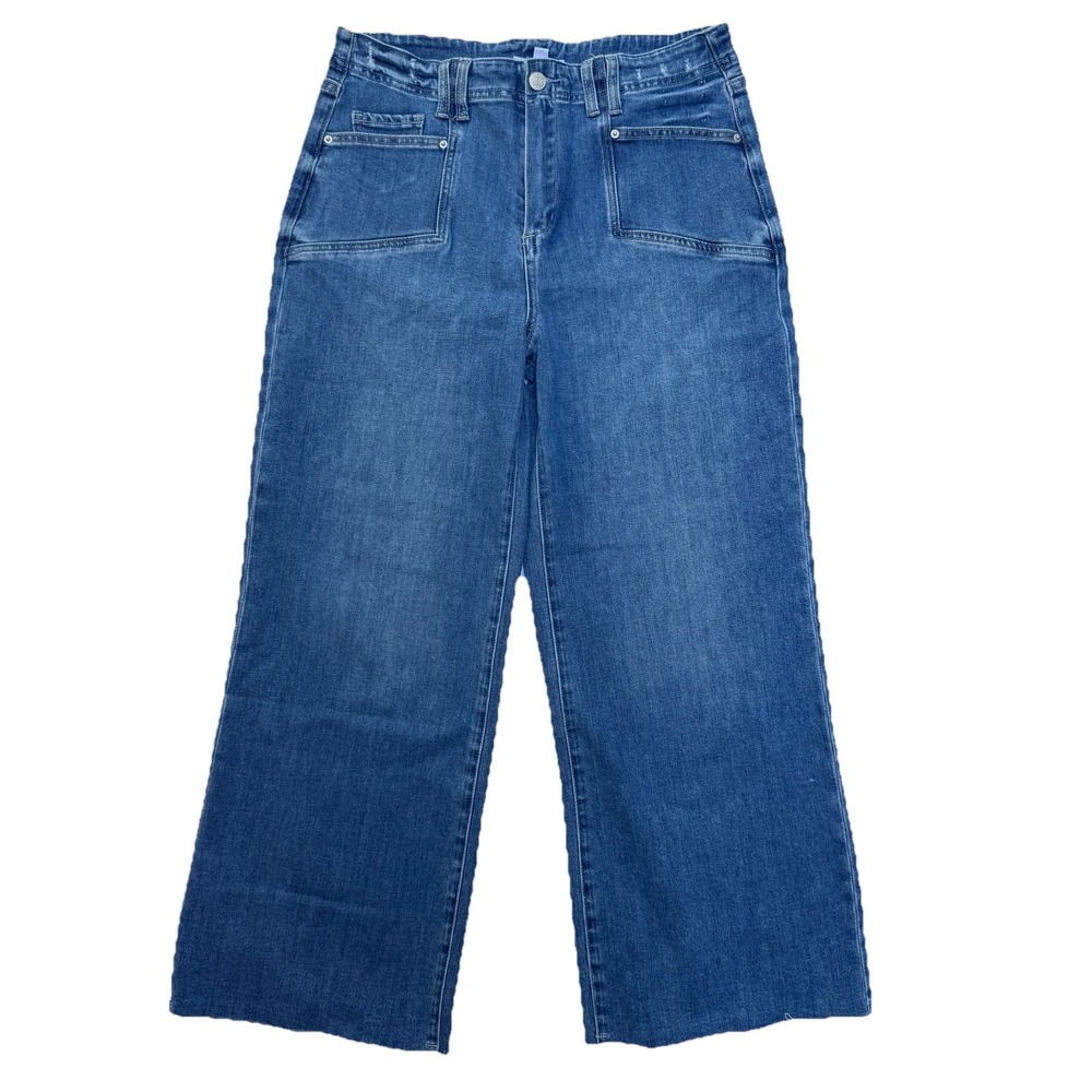 Ee:some Wide Barrel Leg Jeans Large Medium Wash Stretchy Patch‎ Pockets Raw Hem